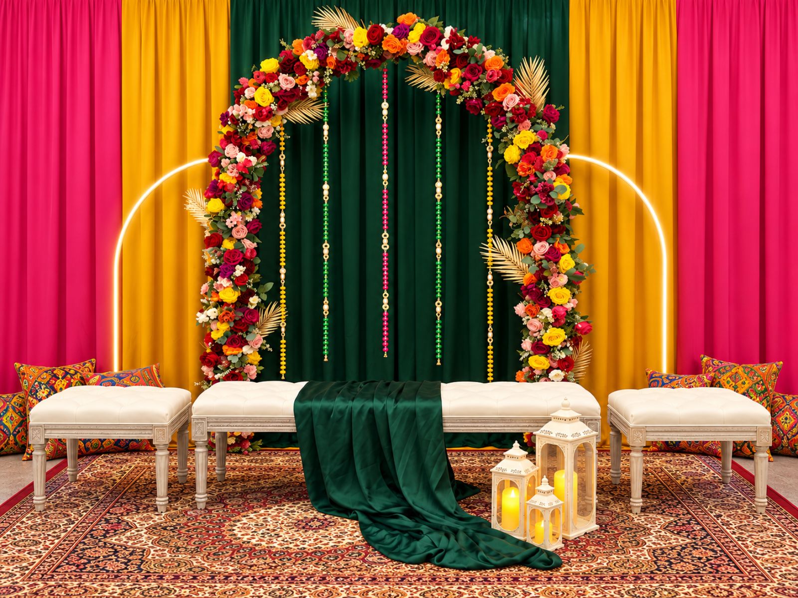 Green and pink floral stage with gold hoops and coordinated seating.