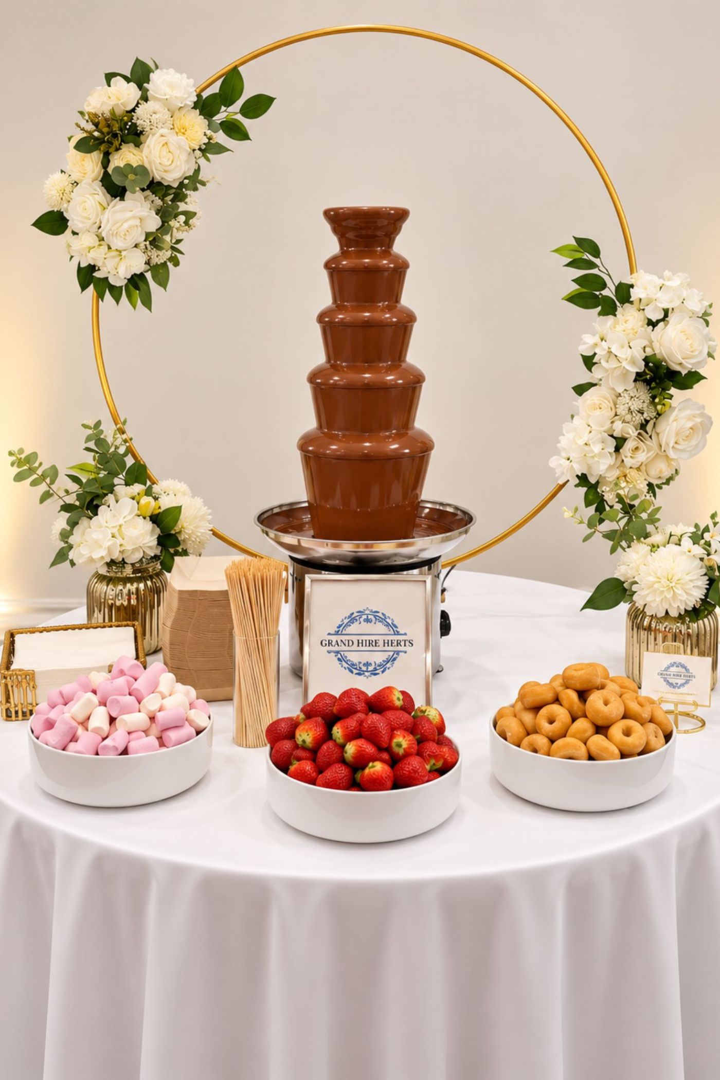 Chocolate fountain display with flowers, strawberries and sweet treats.