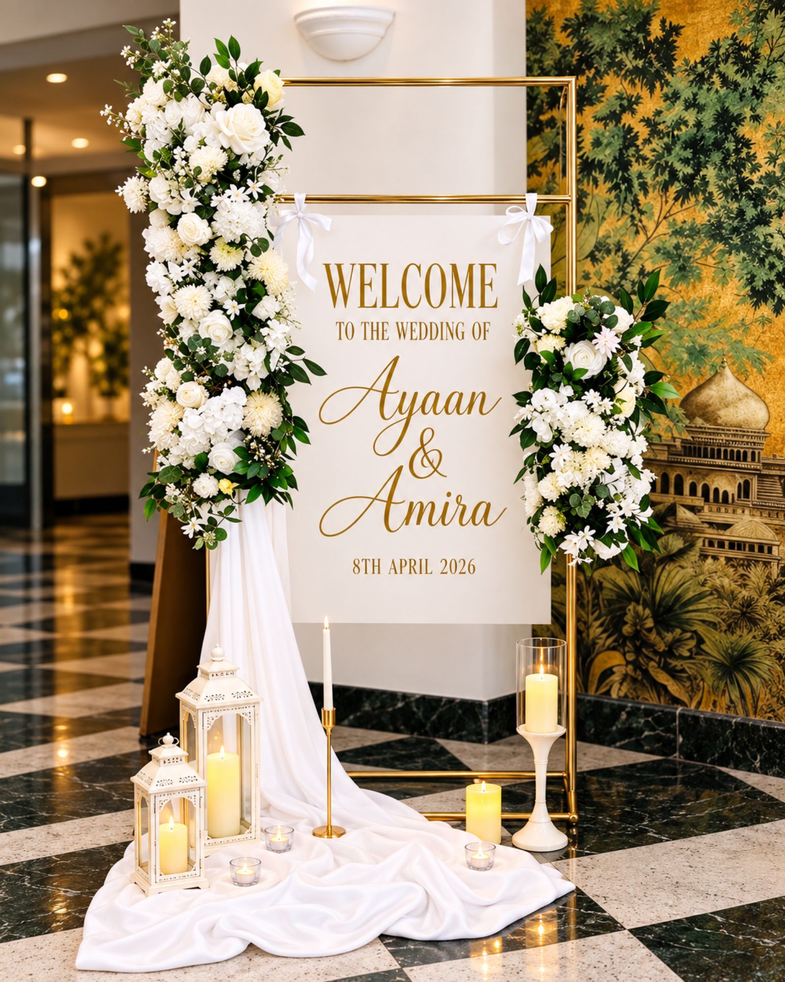 Floral welcome sign displayed with draped fabric and candles.