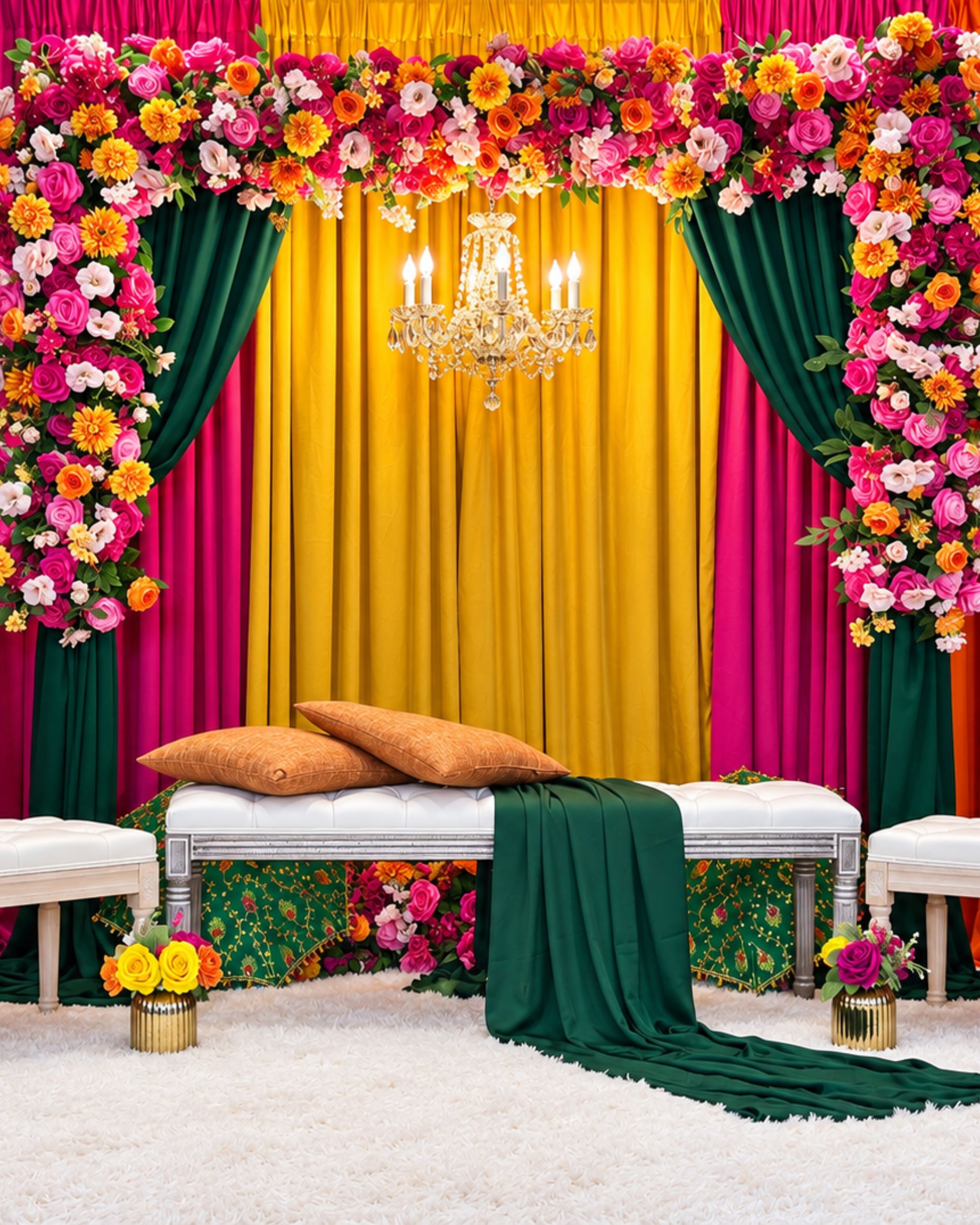 Colourful Mehndi stage with floral arch, chandelier and white seating.