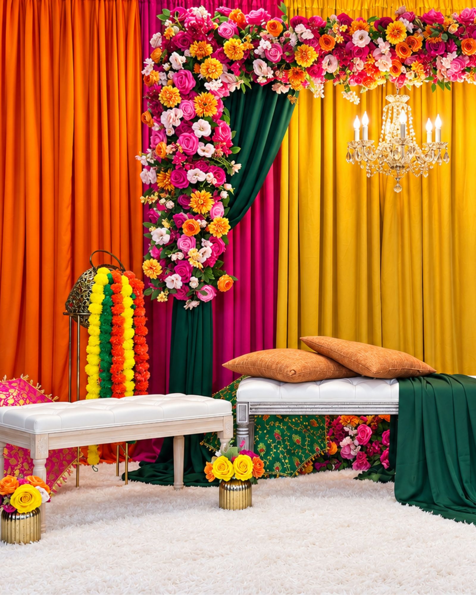 Colourful Mehndi stage with orange drapes, flowers and white seating.