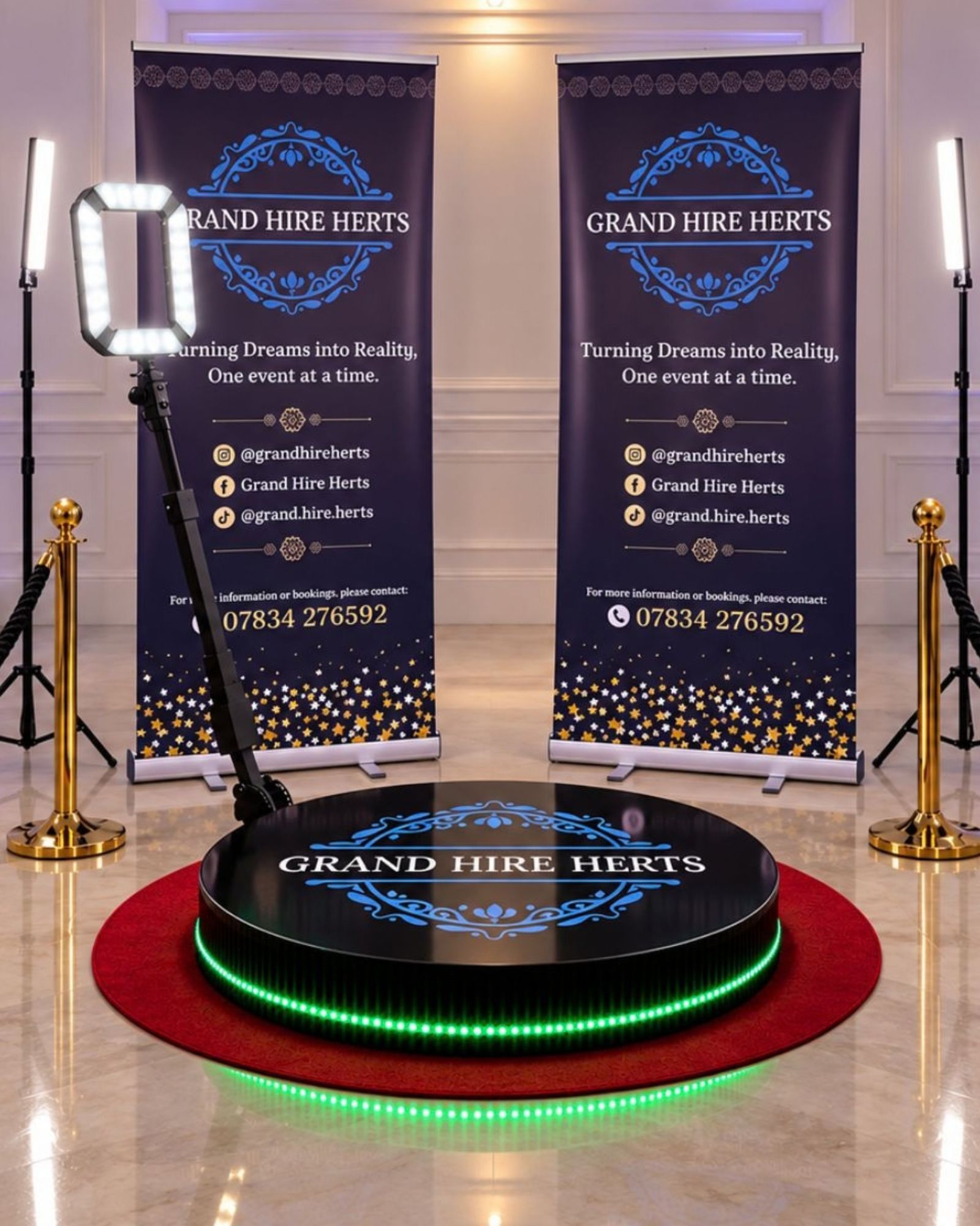 Grand Hire Herts 360 video booth arranged for a business event.