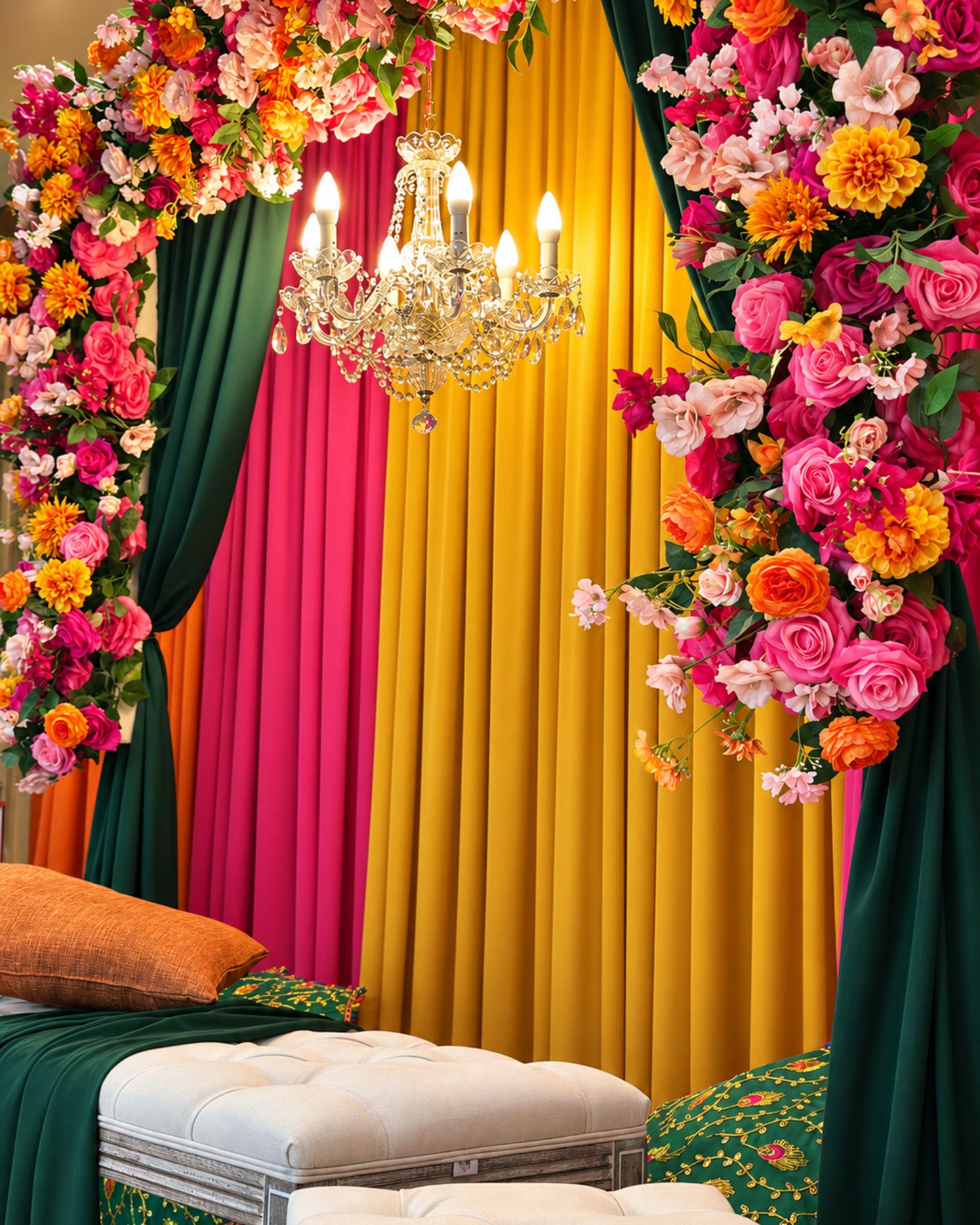 Close view of a colourful floral Mehndi stage and seating.
