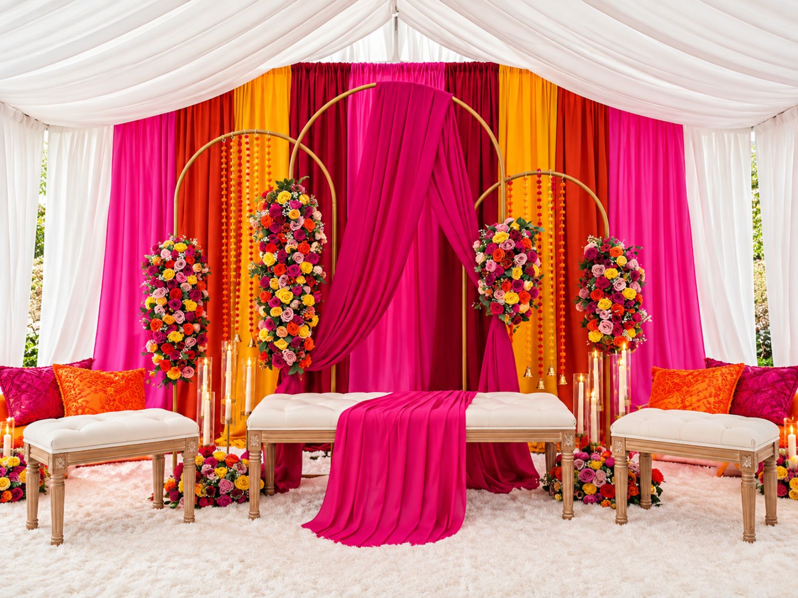 Pink and gold Mehndi stage with floral hoops and coordinated seating.