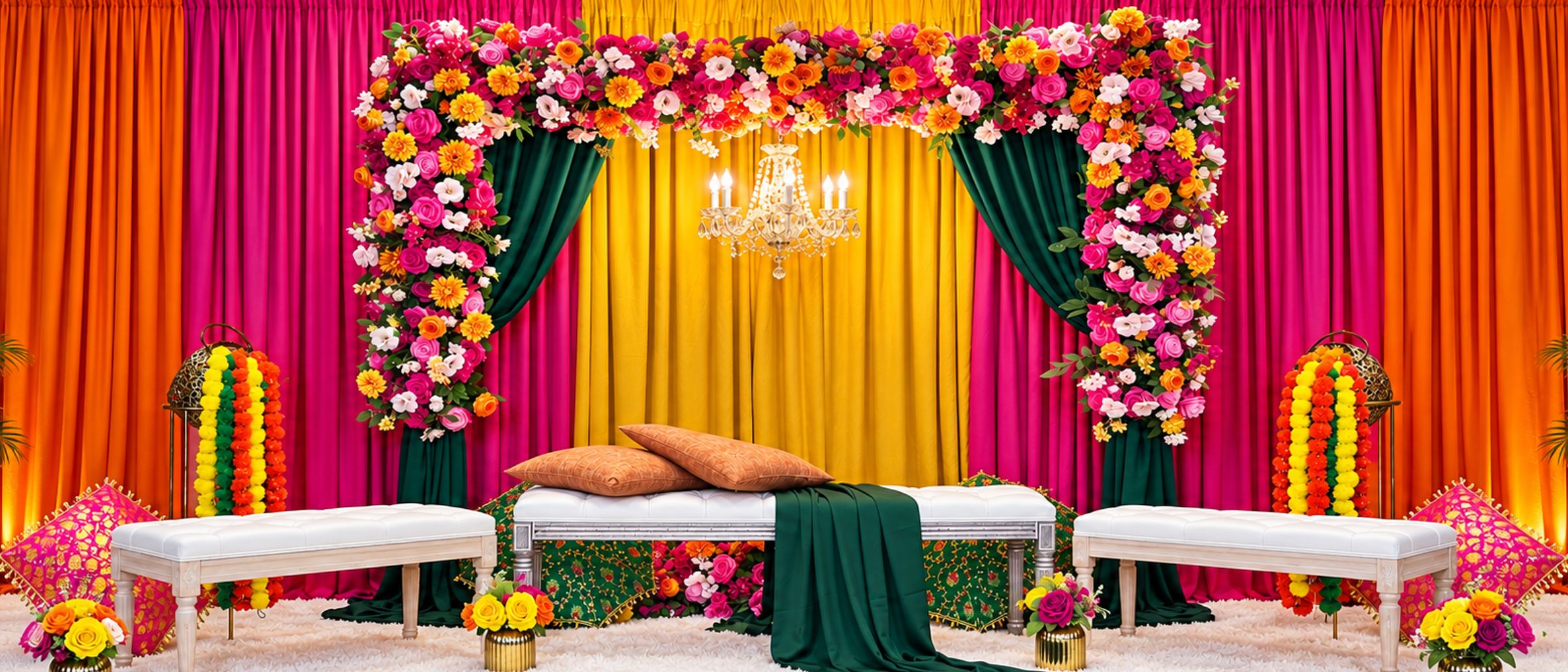 Colourful Mehndi stage with floral arch, orange drapes and white seating.