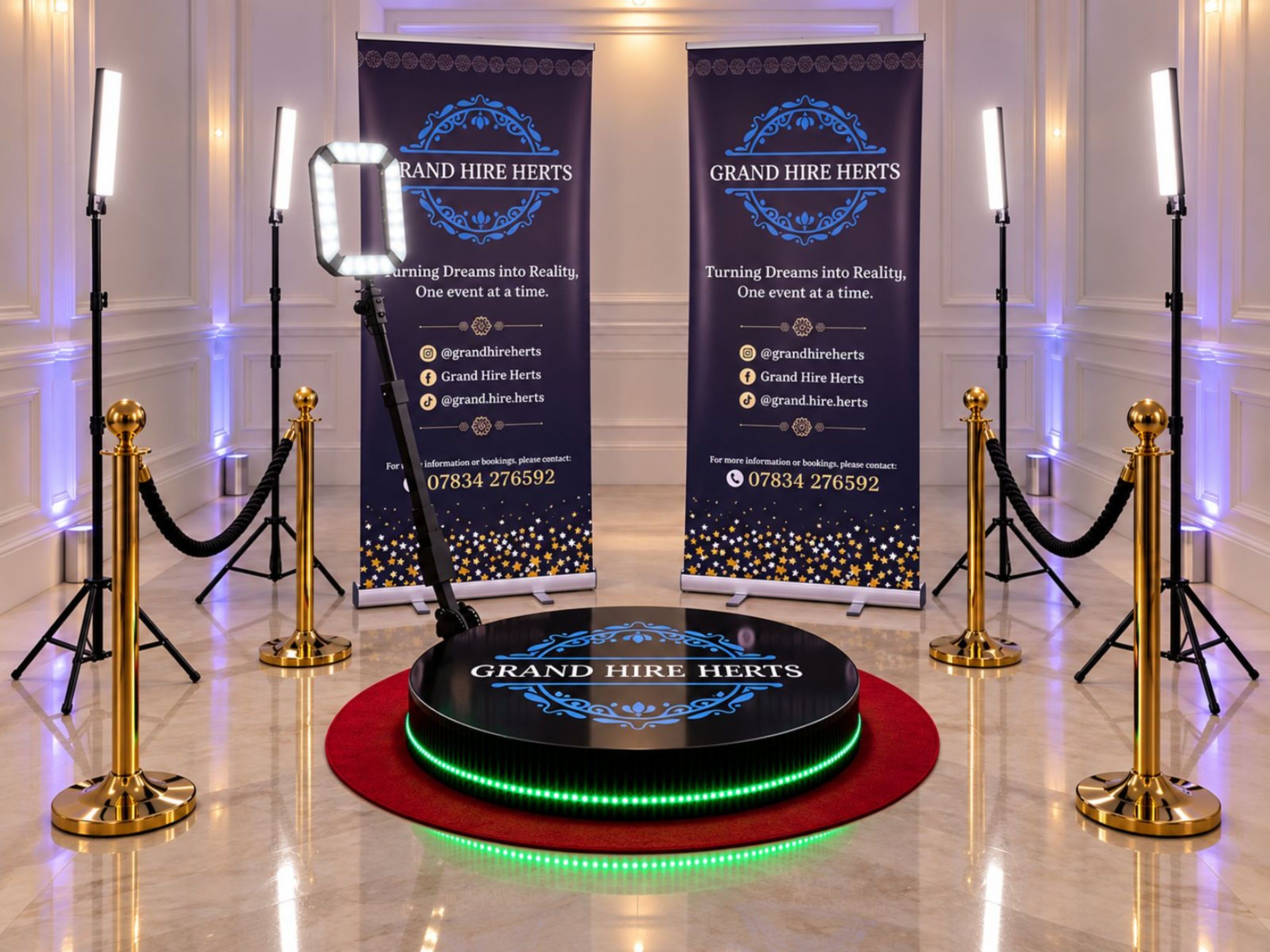 Grand Hire Herts 360 video booth with lights, backdrops and velvet barriers.