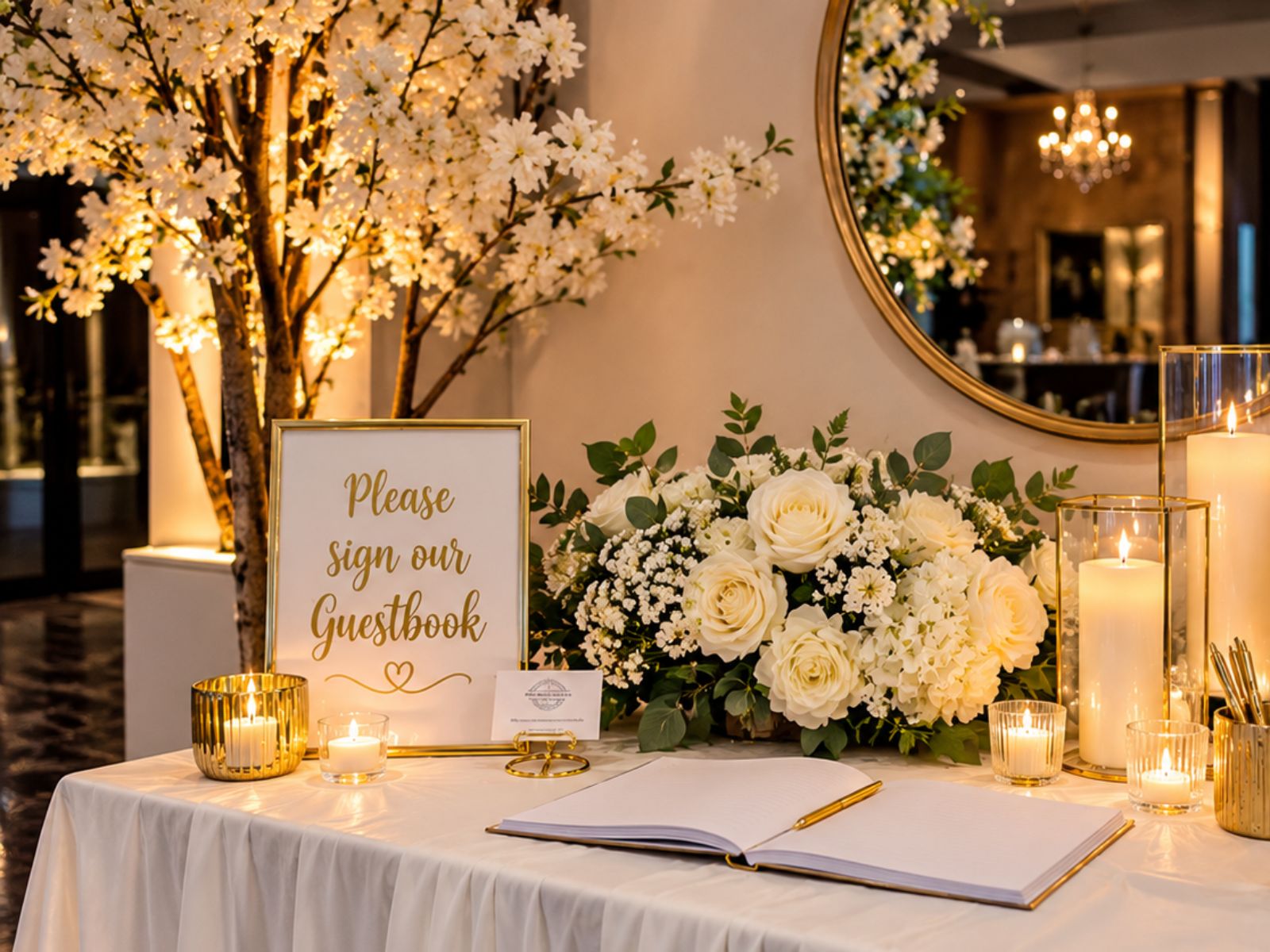 Guest-book table arranged with white flowers, candles and a round mirror.