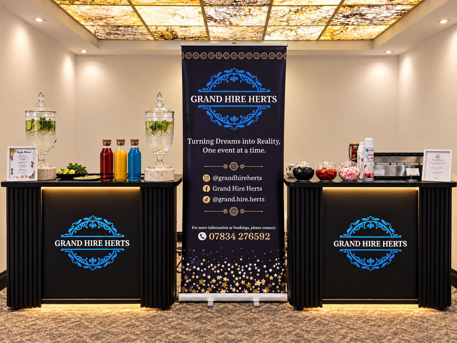 Branded pancake service counter arranged beside a drinks counter for an event.