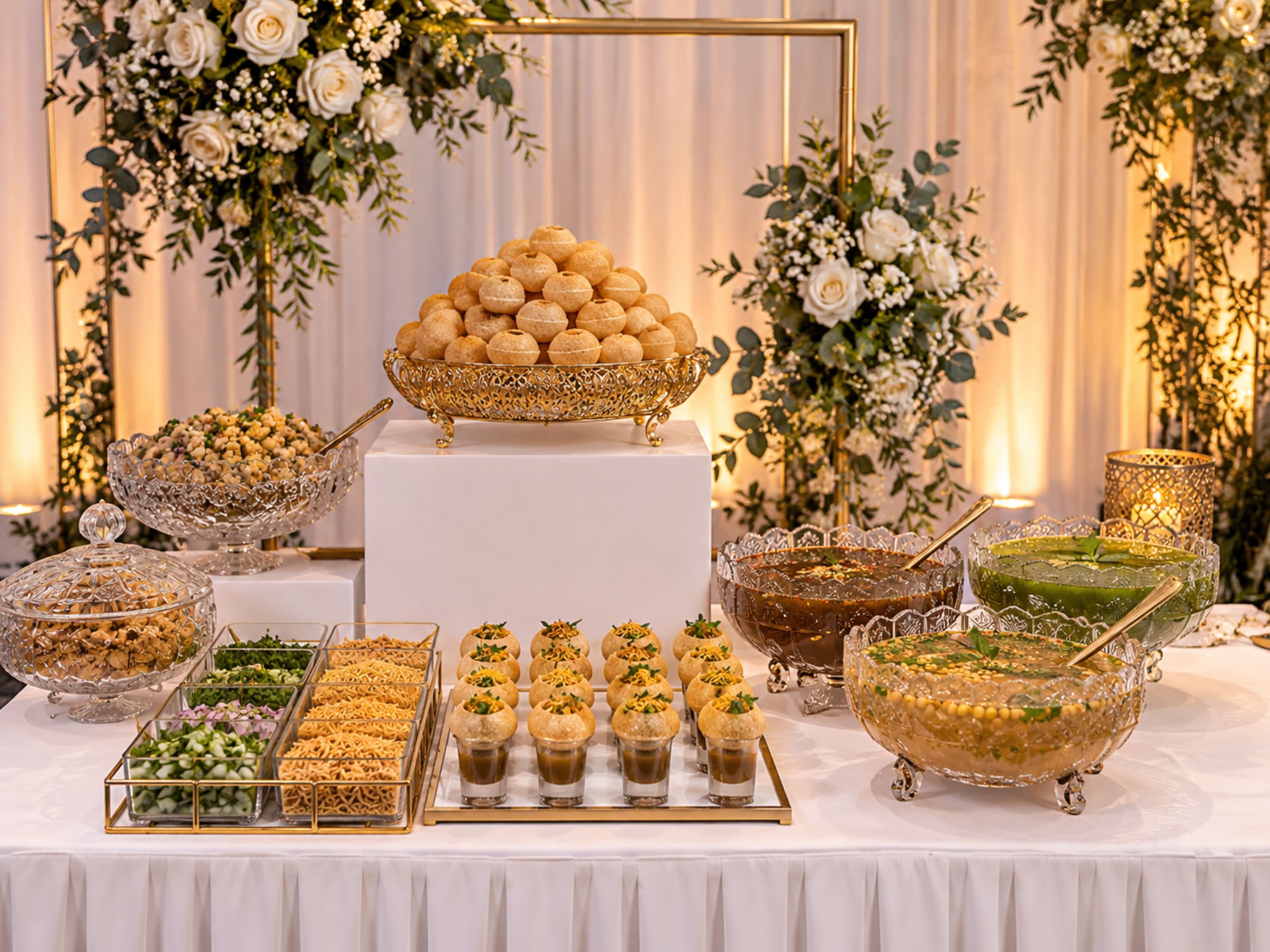 Pani puri and accompaniments arranged across a floral serving table.