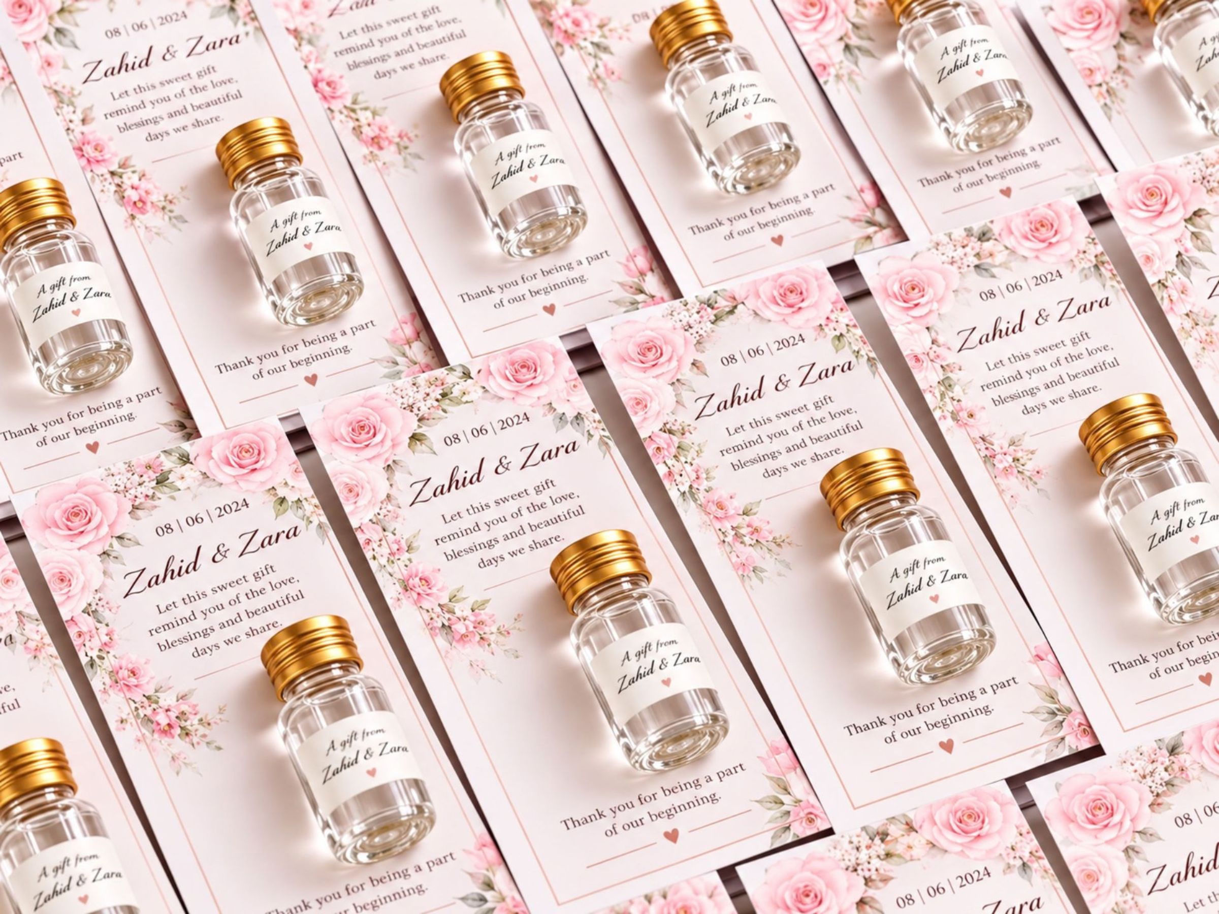 Small bottled wedding favours presented on personalised cards.