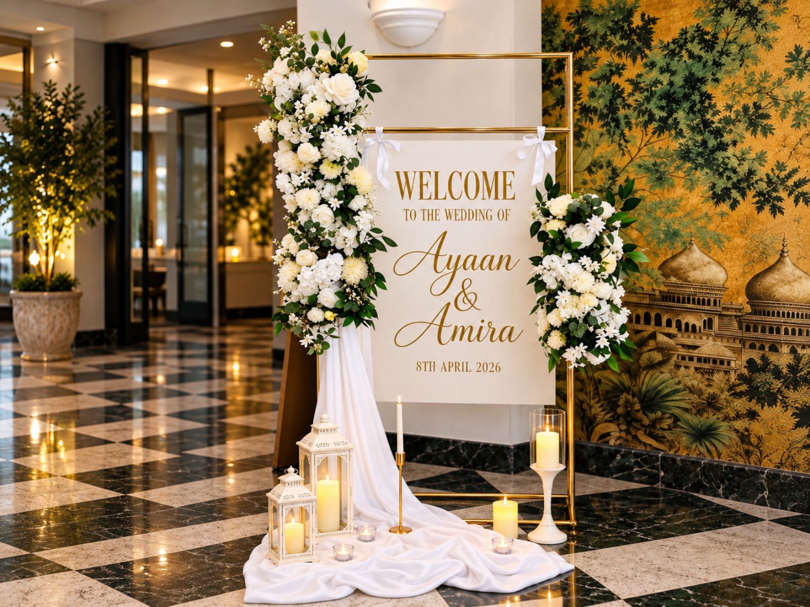 Floral welcome display positioned in an event entrance with lanterns and candles.